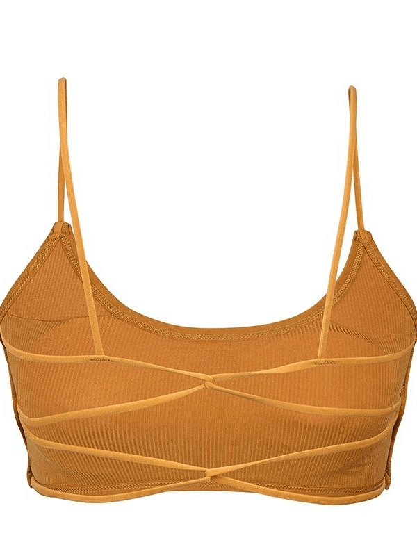 Stylish wireless women's sports bra with open back in brown, ideal for yoga and workouts. Comfortable, breathable modal for A-B cup sizes.